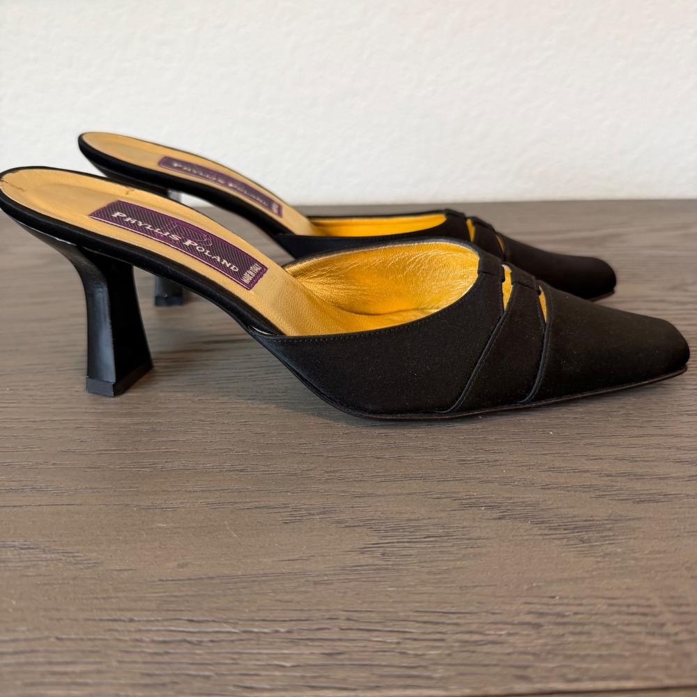 Phyllis Poland Black Satin Square Toe Mules Gold Kitten Heels 6.5 Italy Wedding